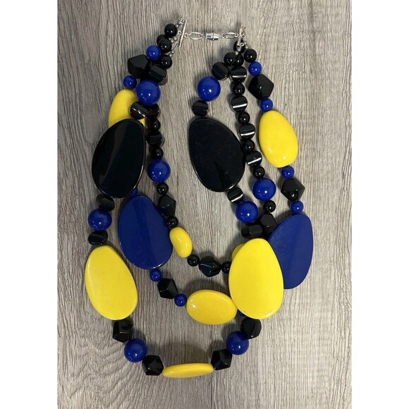 Vintage Blue Yellow Black Beaded Necklace 3 Strands Chunky Statement 11” - Picture 1 of 5